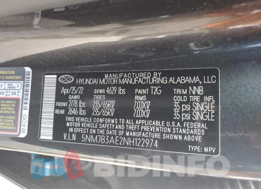 5NMJB3AE2NH122974 Photo# 13