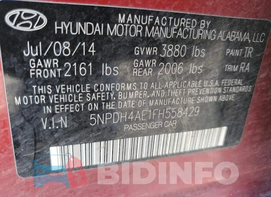 5NPDH4AE1FH558429 Photo# 12