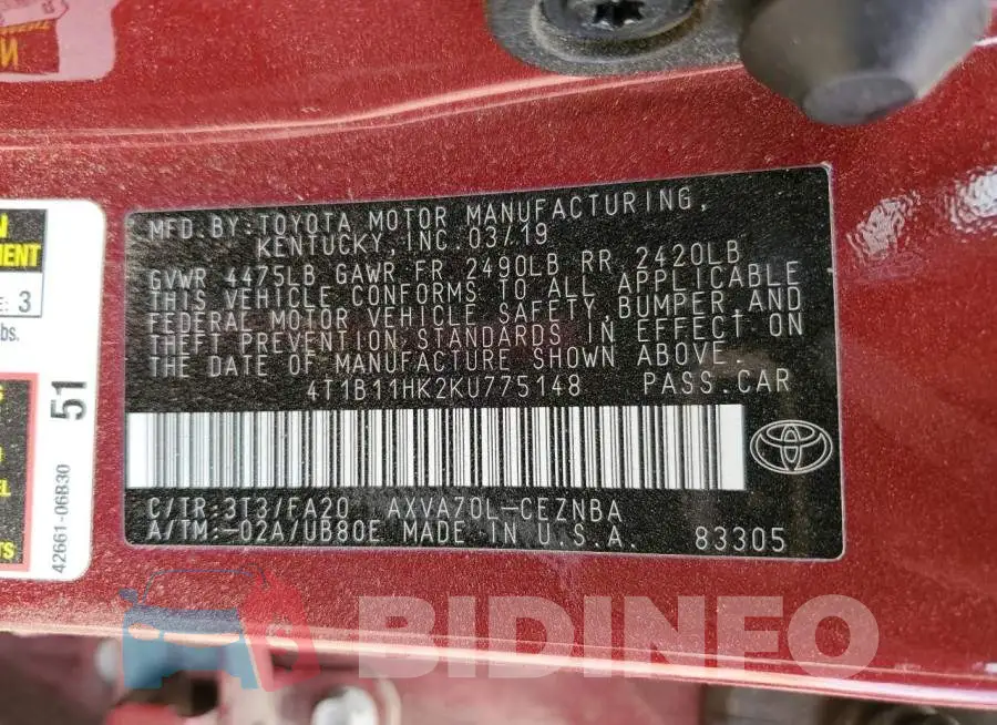 4T1B11HK2KU775148 Photo# 12