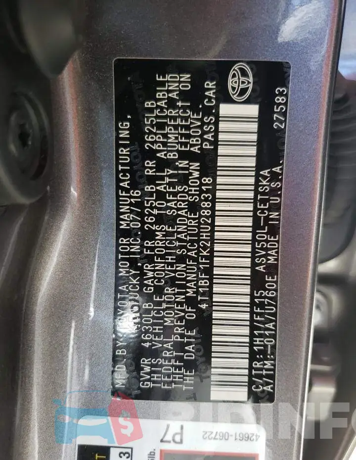 4T1BF1FK2HU288318 Photo# 12