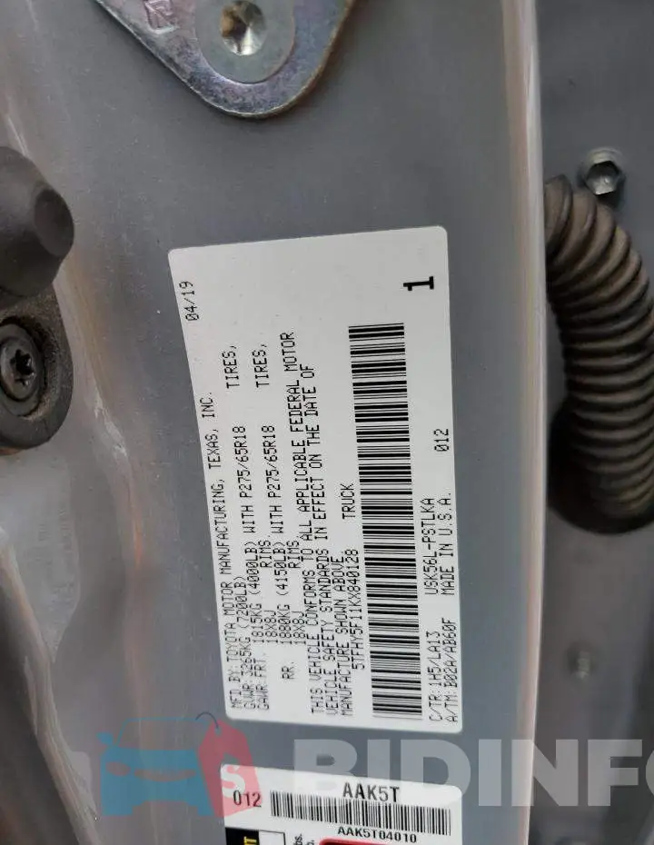 5TFHY5F11KX840128 Photo# 12