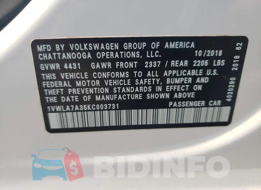 1VWLA7A35KC003731 Photo# 12