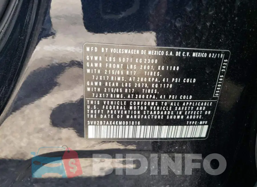 3VV2B7AX4KM091816 Photo# 13