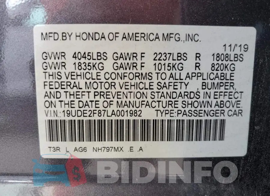 19UDE2F87LA001982 Photo# 12
