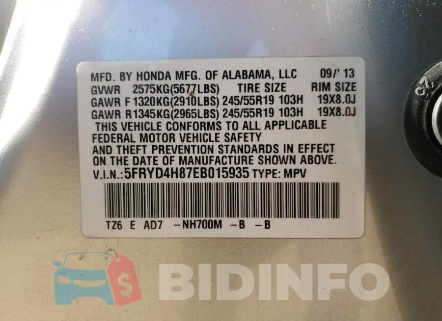 5FRYD4H87EB015935 Photo# 12