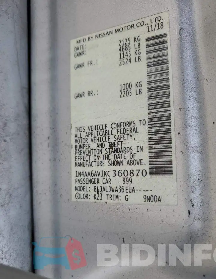 1N4AA6AV1KC360870 Photo# 13