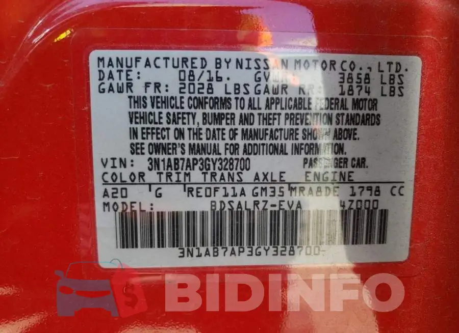 3N1AB7AP3GY328700 Photo# 13