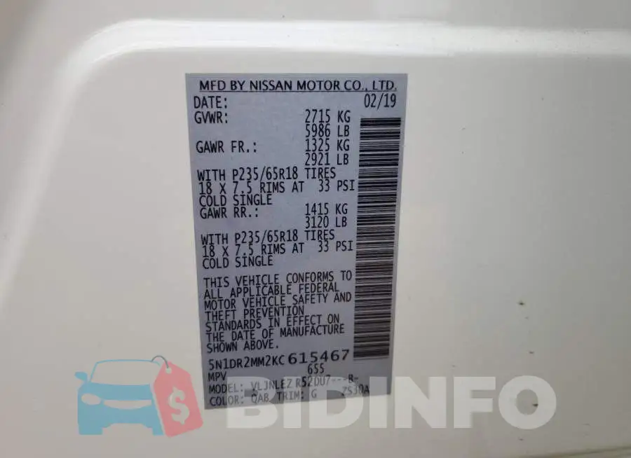 5N1DR2MM2KC615467 Photo# 13