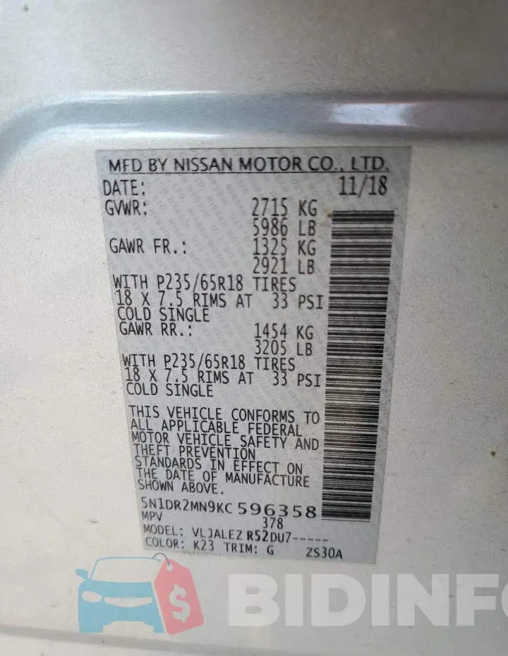5N1DR2MN9KC596358 Photo# 13