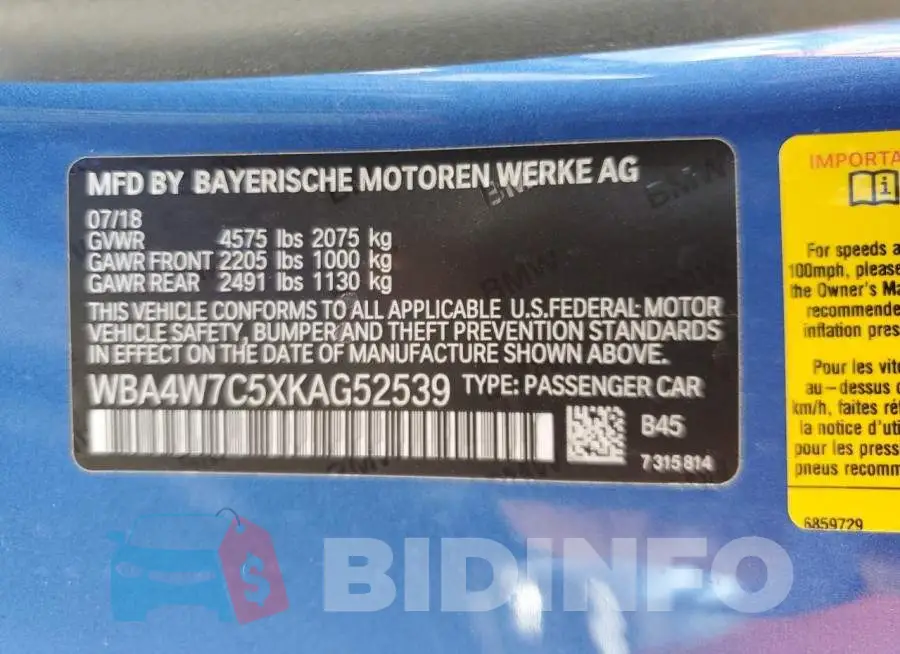 WBA4W7C5XKAG52539 Photo# 12
