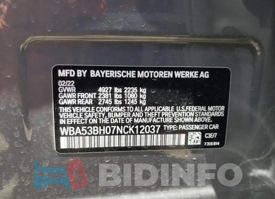 WBA53BH07NCK12037 Photo# 13