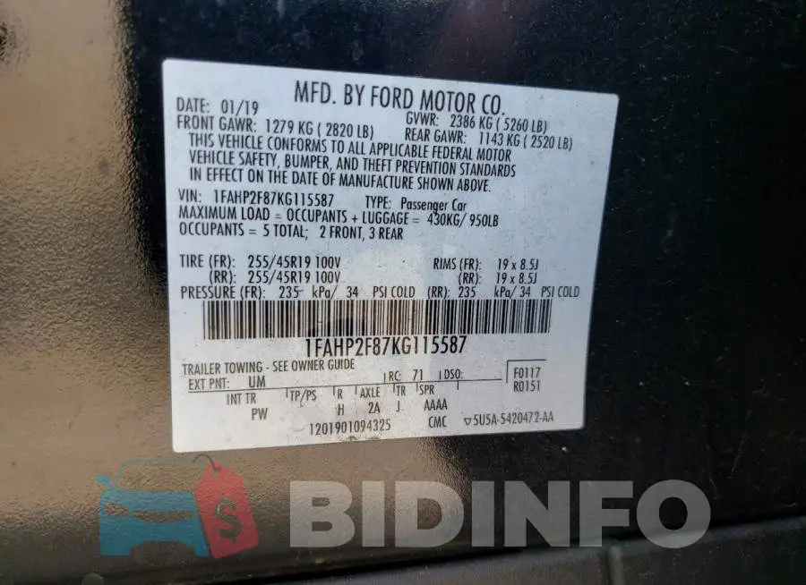 1FAHP2F87KG115587 Photo# 12