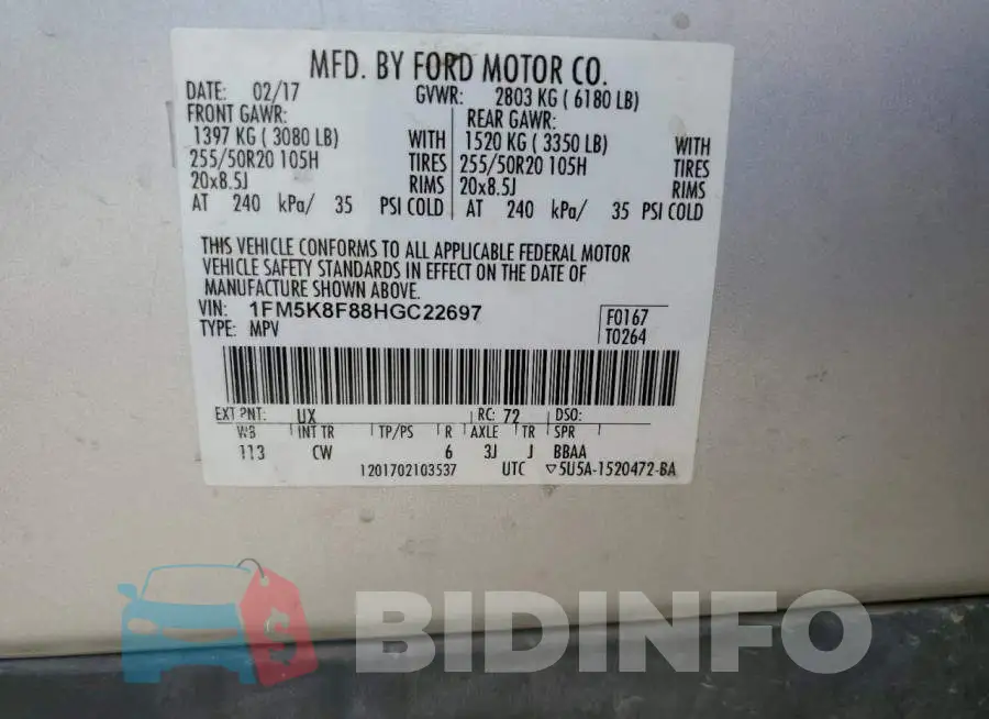 1FM5K8F88HGC22697 Photo# 13