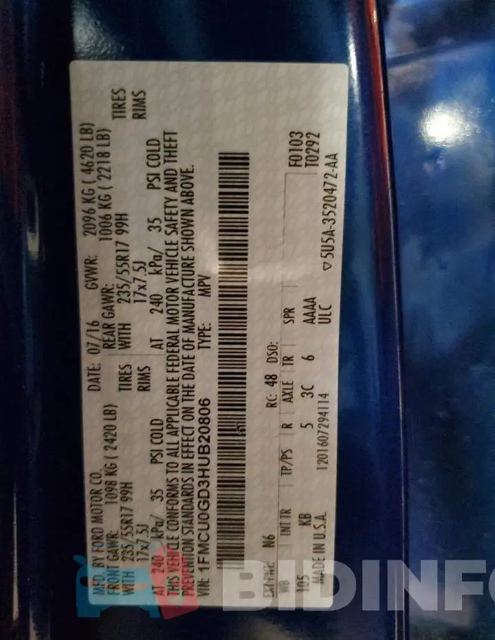 1FMCU0GD3HUB20806 Photo# 13