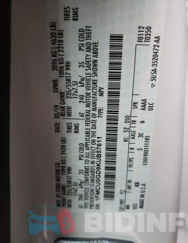 1FMCU0GD9KUB57611 Photo# 10