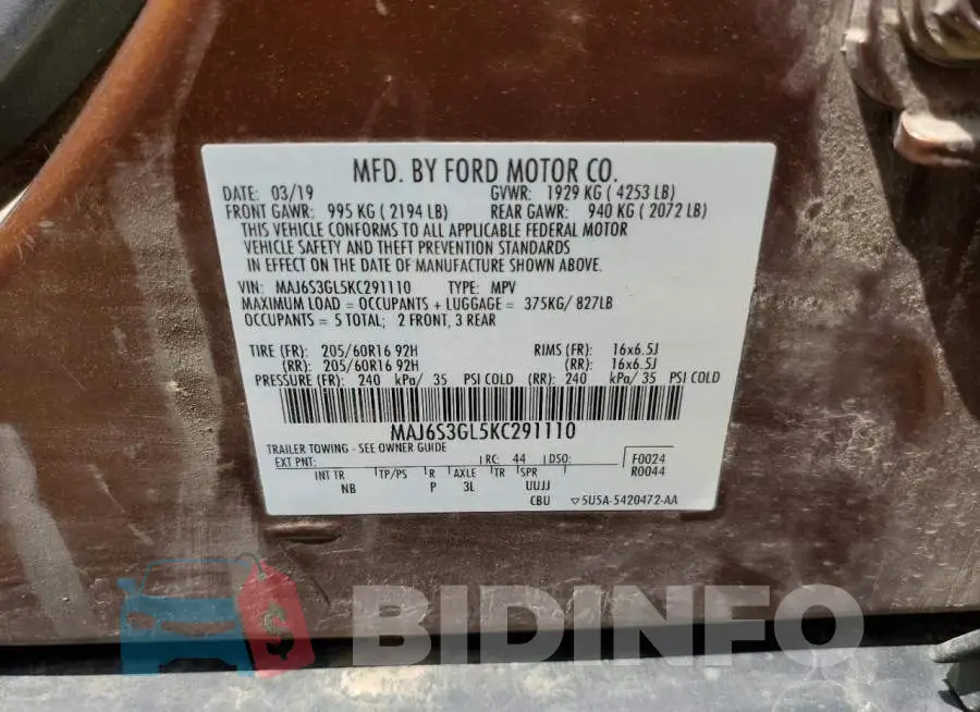 MAJ6S3GL5KC291110 Photo# 13