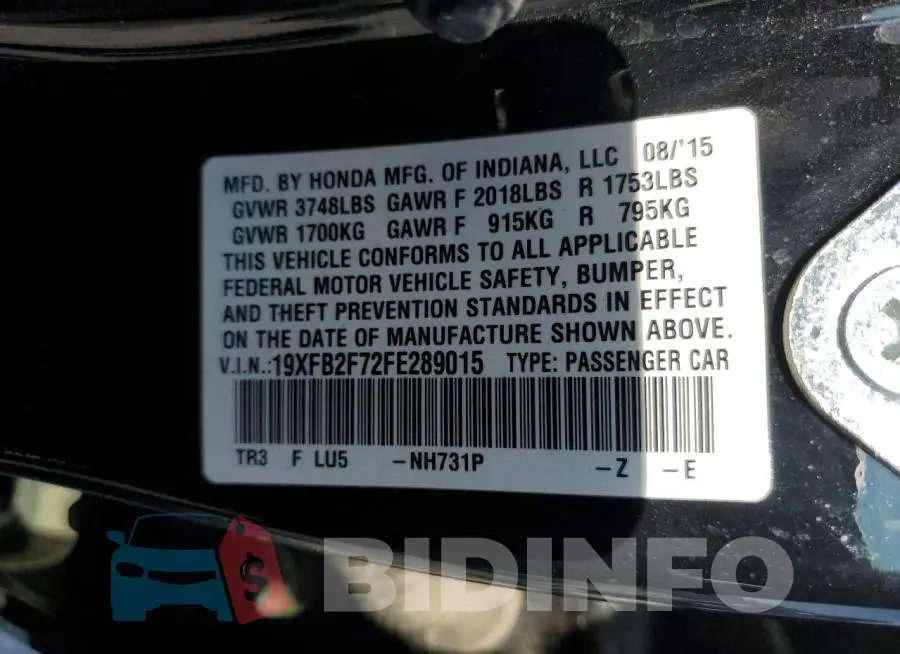 19XFB2F72FE289015 Photo# 12