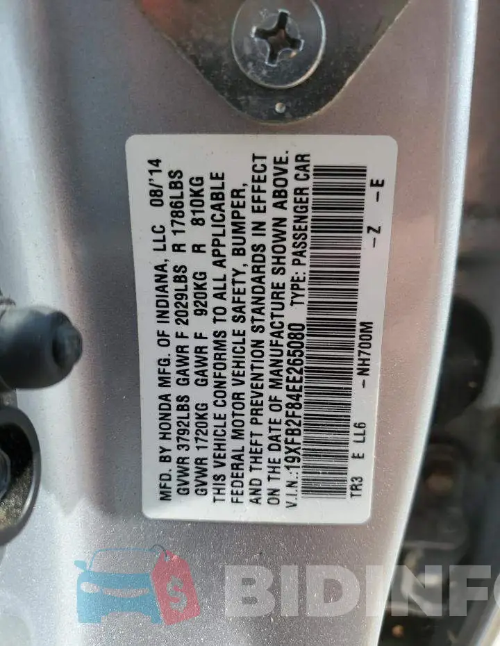 19XFB2F84EE265080 Photo# 12