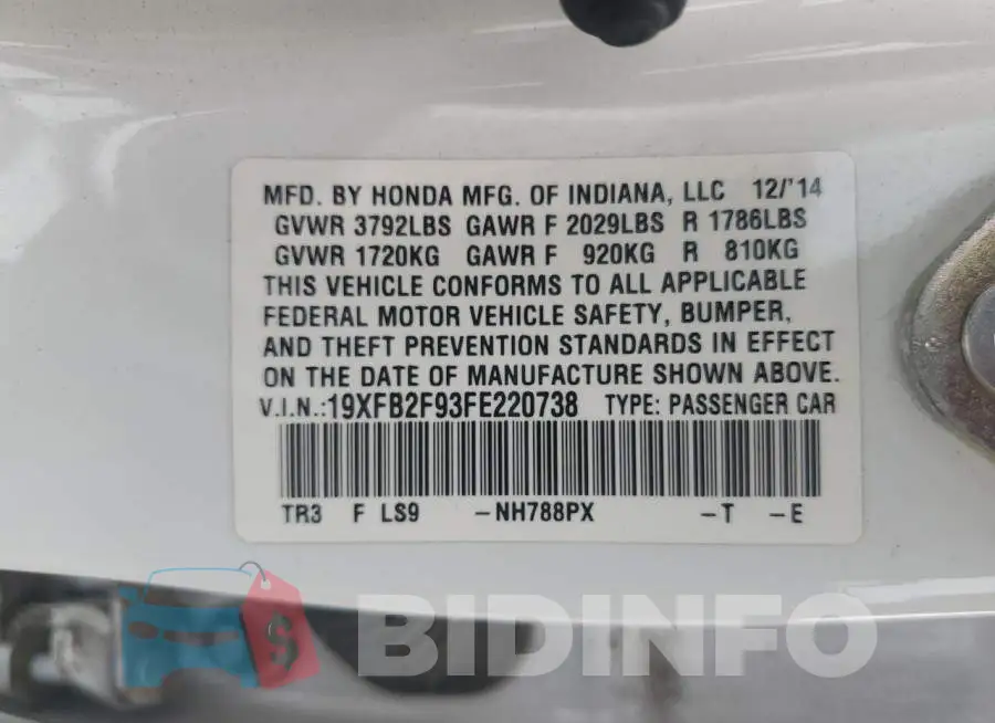 19XFB2F93FE220738 Photo# 12