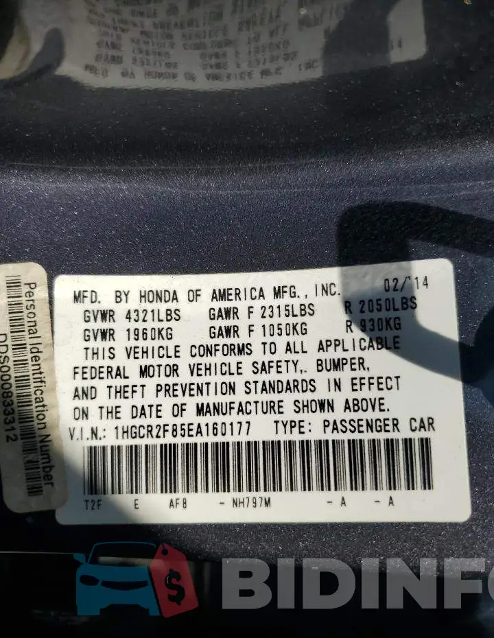 1HGCR2F85EA160177 Photo# 12