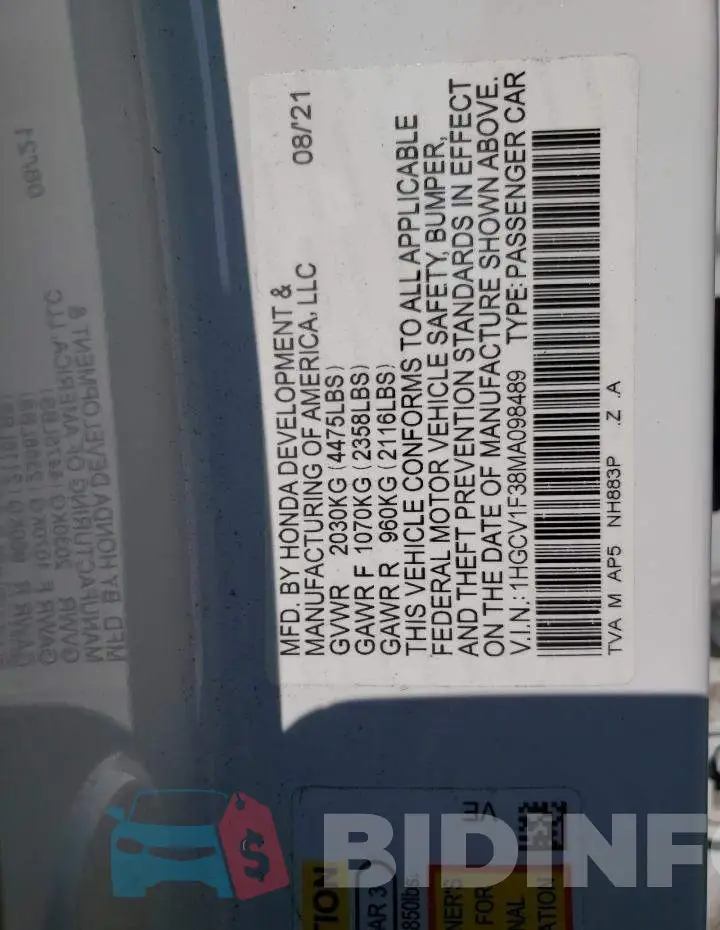 1HGCV1F38MA098489 Photo# 13