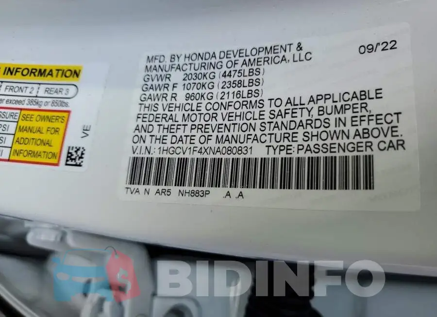1HGCV1F4XNA080831 Photo# 13