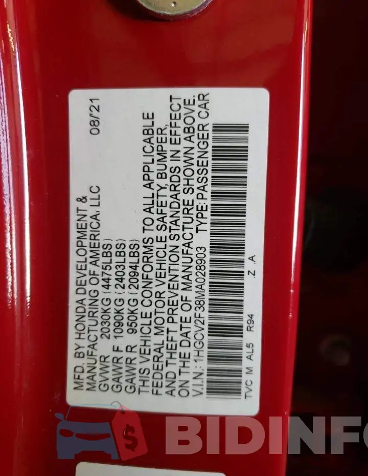 1HGCV2F38MA028903 Photo# 12