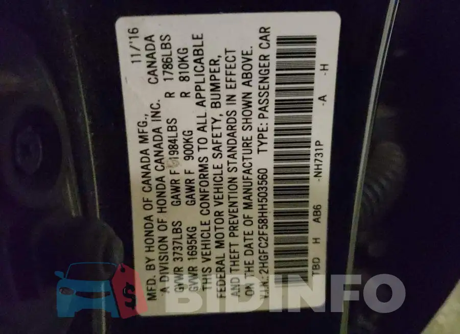 2HGFC2F58HH503560 Photo# 13