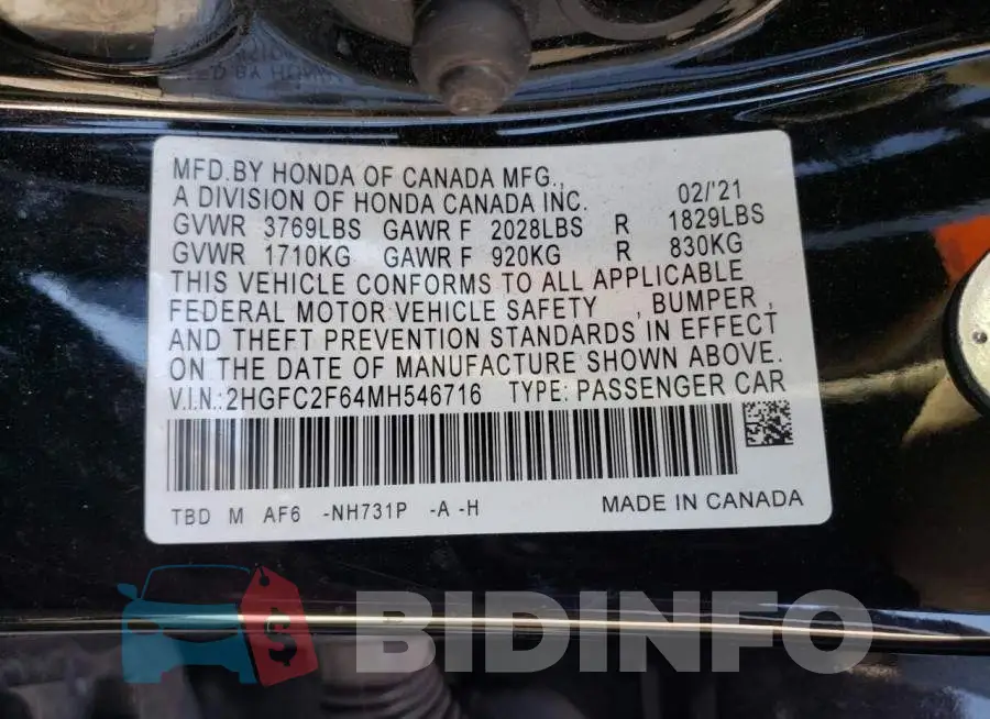 2HGFC2F64MH546716 Photo# 12