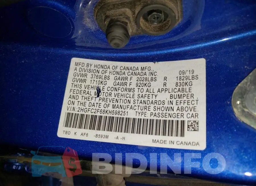 2HGFC2F68KH598251 Photo# 13