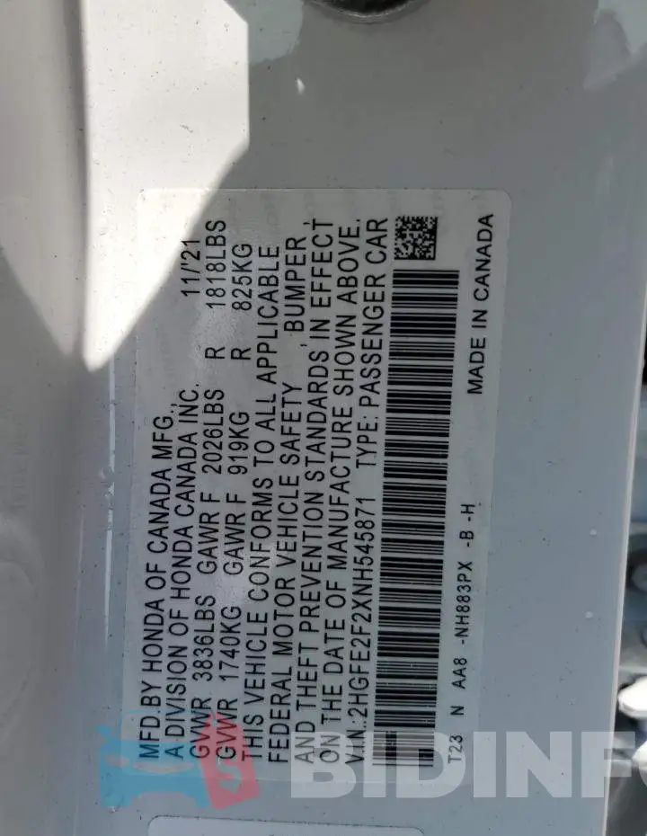 2HGFE2F2XNH545871 Photo# 12