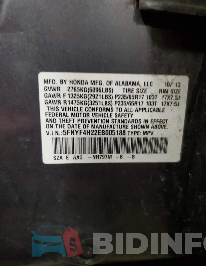 5FNYF4H22EB005188 Photo# 14