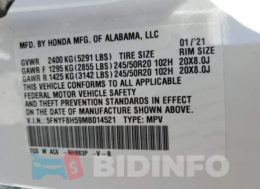 5FNYF8H59MB014521 Photo# 13