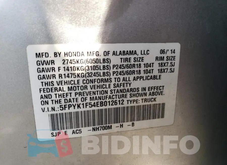 5FPYK1F54EB012612 Photo# 12
