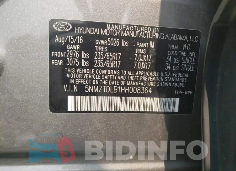 5NMZTDLB1HH008364 Photo# 12