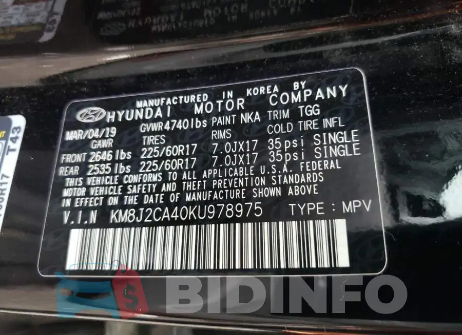 KM8J2CA40KU978975 Photo# 12