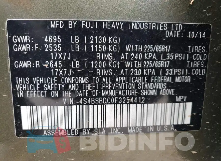 4S4BSBDC0F3254412 Photo# 13