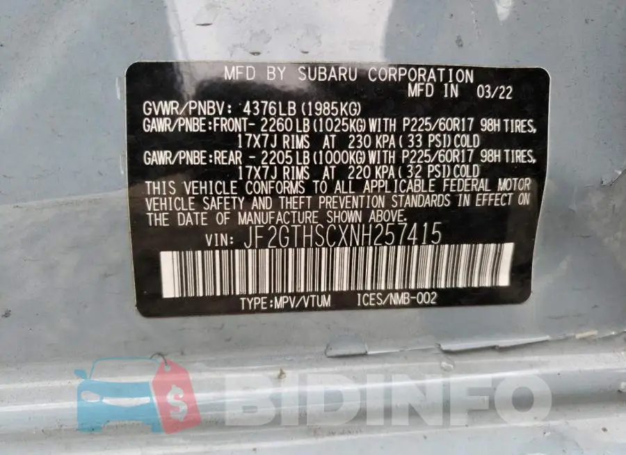JF2GTHSCXNH257415 Photo# 13