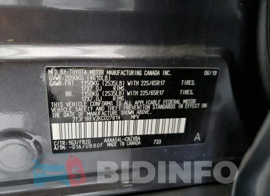 2T3F1RFV2KC027814 Photo# 12