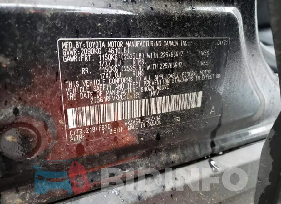2T3G1RFVXMC204925 Photo# 12