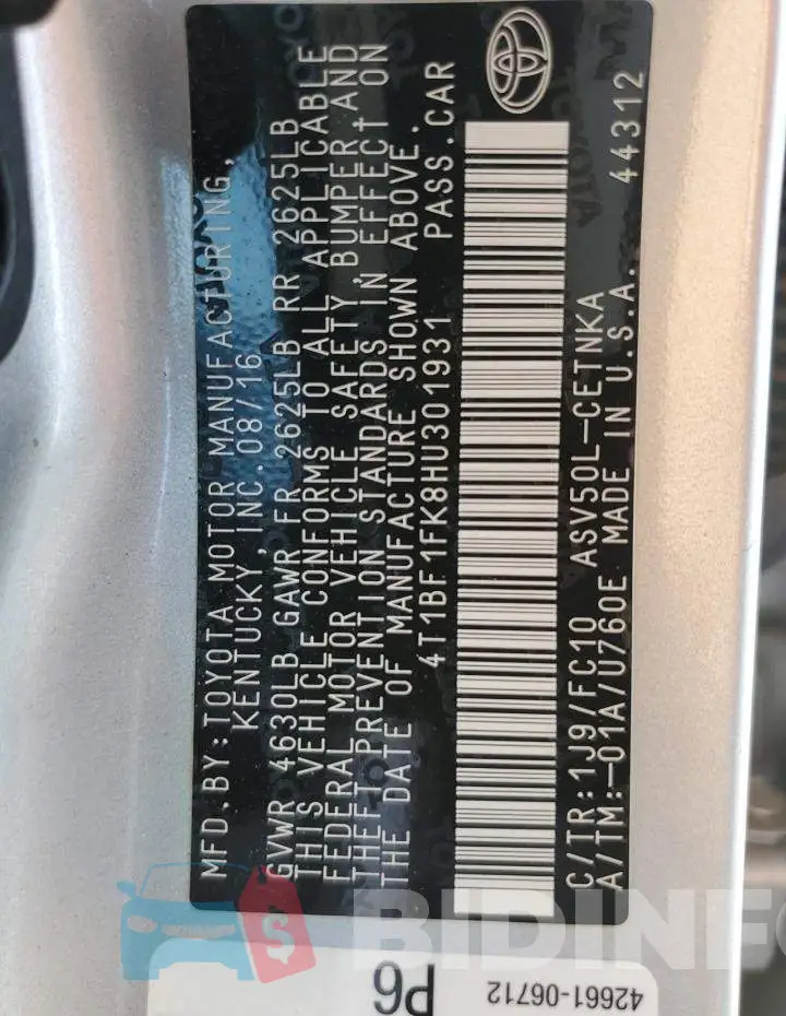 4T1BF1FK8HU301931 Photo# 12