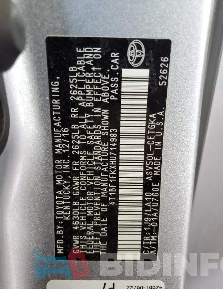 4T1BF1FKXHU714983 Photo# 12