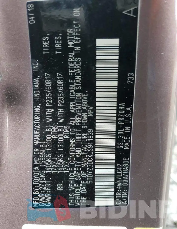 5TDYZ3DCXJS941839 Photo# 13