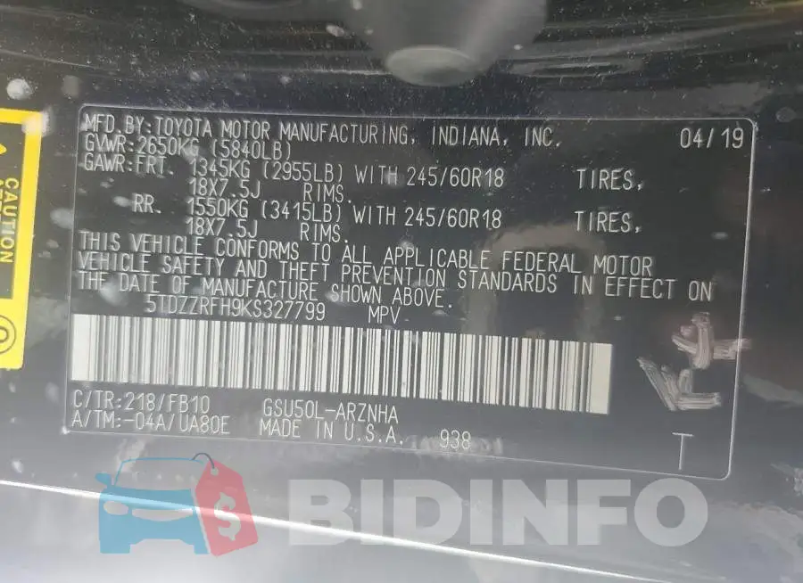 5TDZZRFH9KS327799 Photo# 12