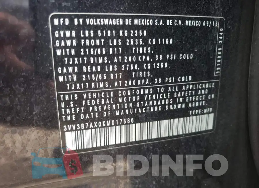 3VV3B7AX0KM017586 Photo# 13