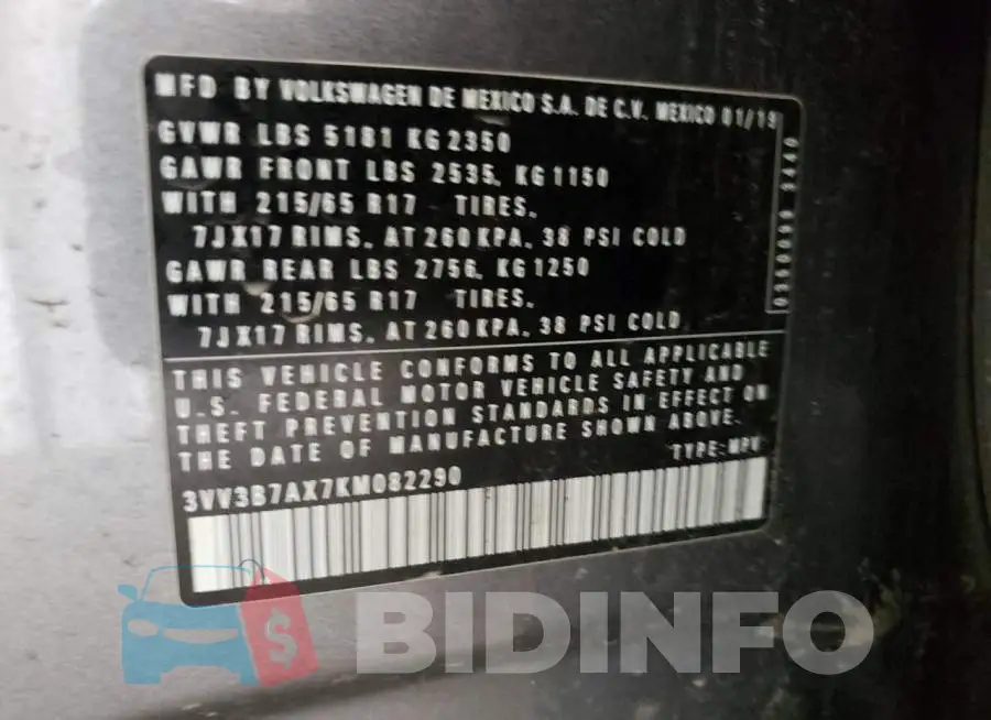 3VV3B7AX7KM082290 Photo# 14