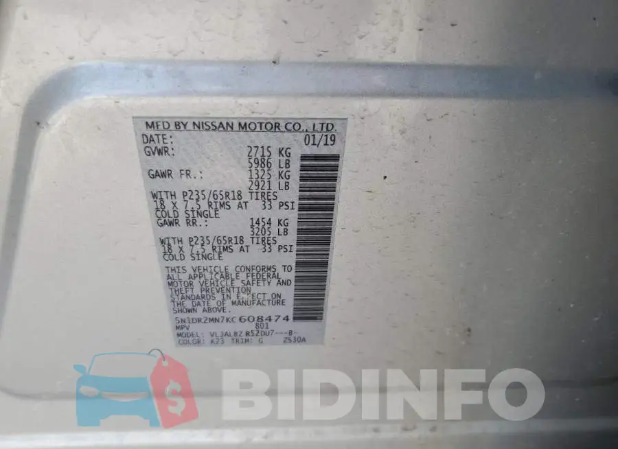 5N1DR2MN7KC608474 Photo# 12