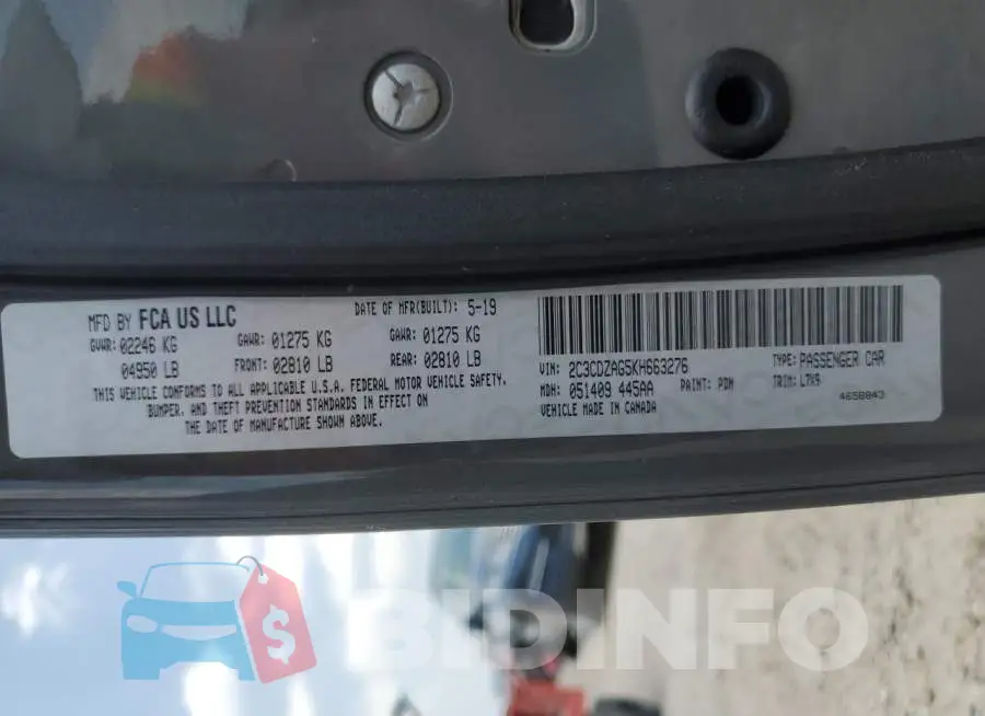 2C3CDZAG5KH663276 Photo# 12