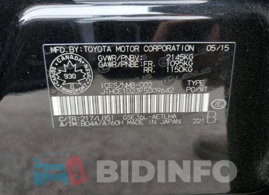 JTHCE1D23F5009642 Photo# 12