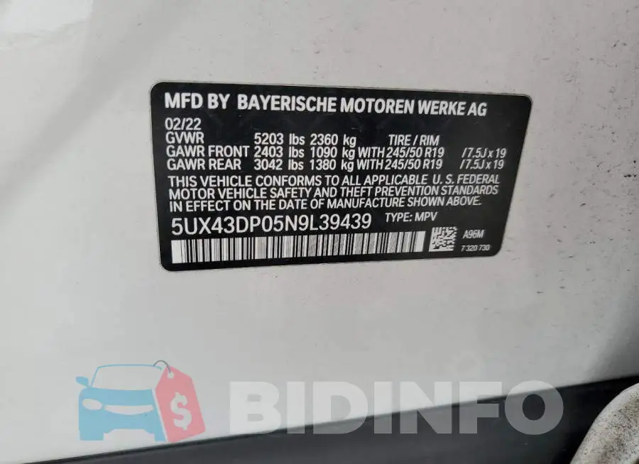 5UX43DP05N9L39439 Photo# 13